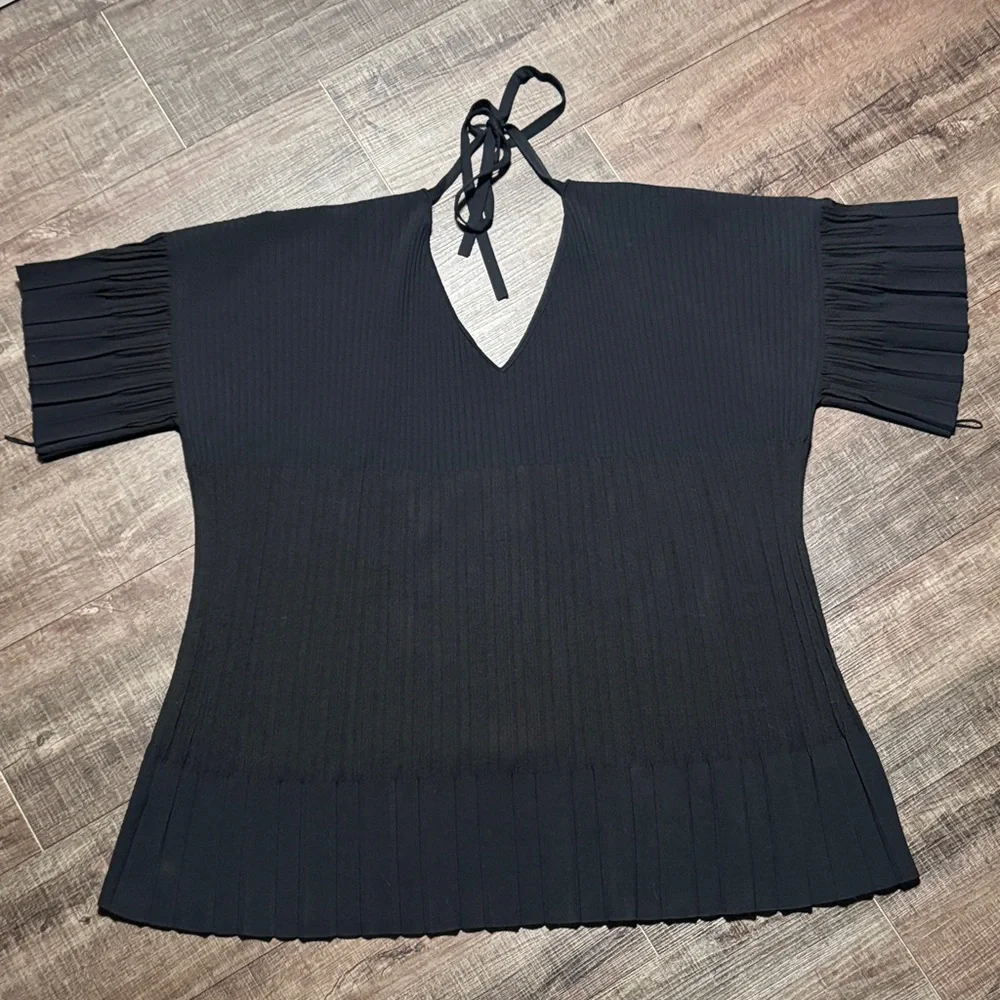 CHANEL Black Pleated Dress 👗 with Logo Button V neck - Picture 12 of 14